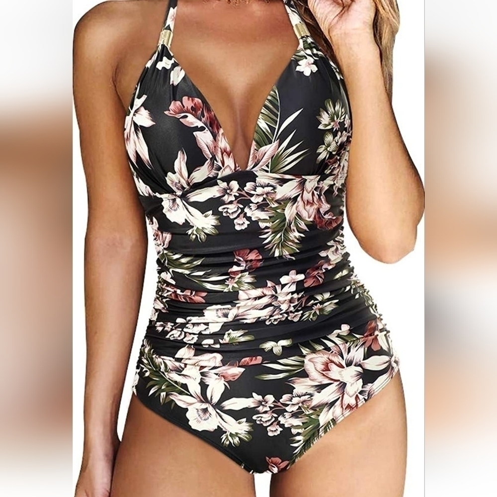 Black floral one piece swimsuit! Size medium vacation travel swim beach